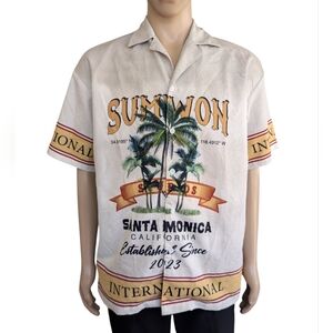 Santa Monica Palm Print Short-Sleeve Button-Down Shirt - Beige